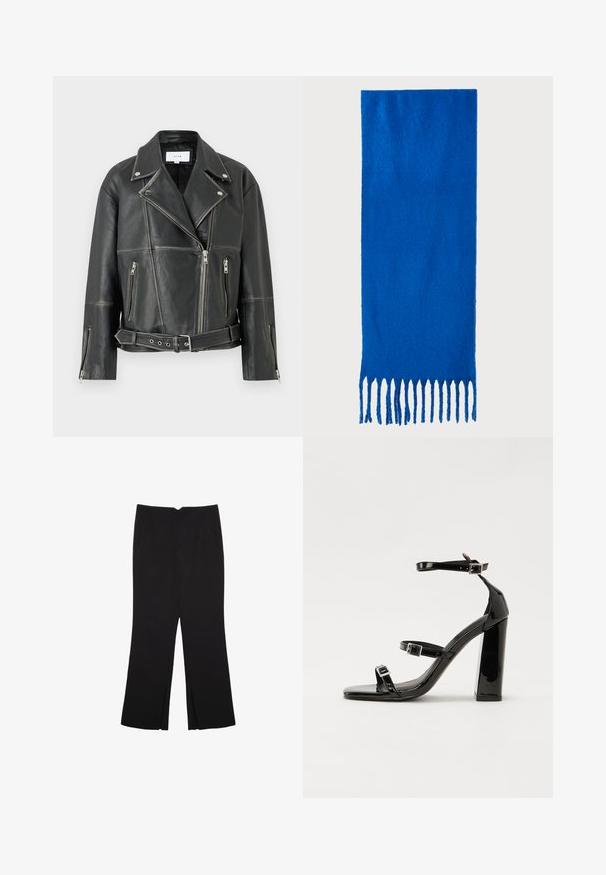 Črna usnjena moto jakna z nazobčanim ovratnikom, diagonalnim zadrgo in dvema žepoma z zadrgo. Ima pas z oblazinjenjem in strukturirane šive.; Črn dolgi pulover iz pletenine z oblazinjenimi rameni ter rebrastimi manšetami in robom, prikazan na beli podlagi.; Črne hlače ravnega kroja z naglavnimi žepi in stranskimi razporki na robu. Narejene iz mehke, gladke tkanine. Primerne za različne priložnosti.; Črne lakaste sandale z visokimi petami, z dvema trakovoma z zaponkama, kvadratnim sprednjim delom in masivno širšo peto, z gladko, sijočo teksturo.; Modra šal s frinčo iz mehkega materiala; ima enotno barvo s teksturirano površino in enakomerno rezane frinče na dnu.