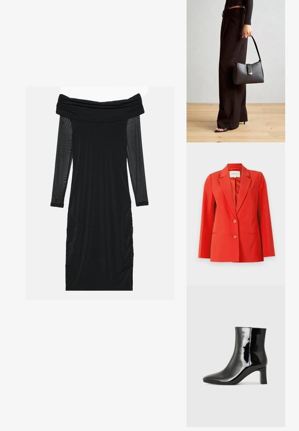 Sarkans žakets ar pielāgotu piegriezumu, ar nogrieztu apkakli, divām priekšējām kabatām un diviem pogām. Gluda auduma ar strukturētu siluetu.; Melns kleita bez pleciem ar garām caurspīdīgām tīkla piedurknēm, krokotām malām, gludu audumu un pieguļošu siluetu.; Melnas patentētas ādas potīšu zābaki ar norādītu pirkstu un vidēja augstuma kvadrātveida papēdi. Gluda tekstūra un minimālisma dizains.; Melnā somiņa ar strukturētu formu, gludu tekstūru un metālu sprādzi. Saskaņota ar platām melnām biksēm un sandālēm ar atvērtu purngalu uz koka grīdas.