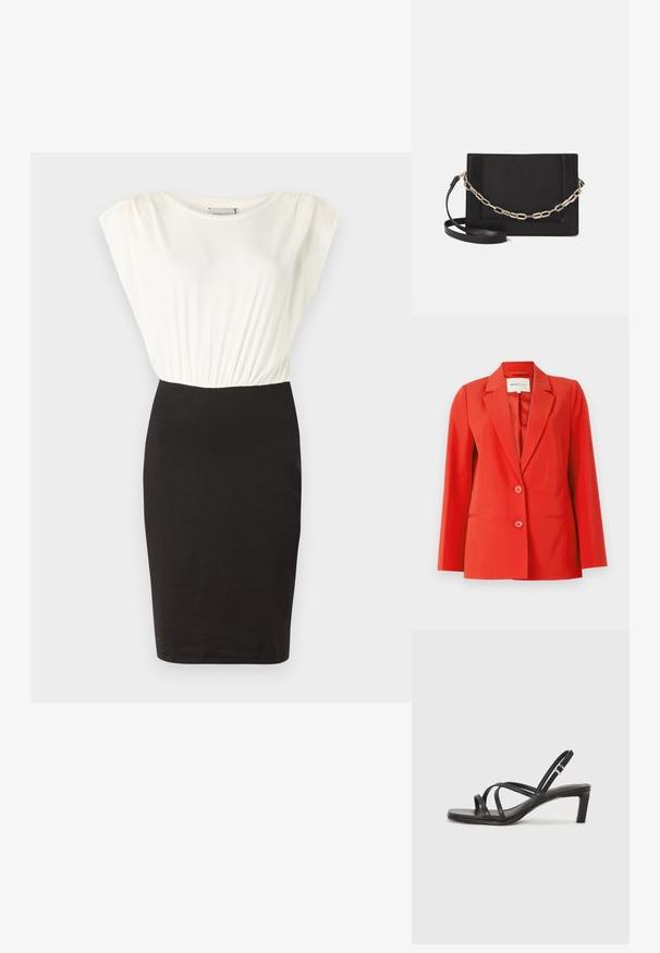 Punainen bleiseri, jossa on muotoiltu leikkaus, lovet kaulus, kaksi etutaskua ja kaksi nappia. Tasainen kangas, jolla on jämäkkä siluetti.; Mekko, jossa on valkoinen lyhythihainen yläosa ja tiukka musta hame. Liukas kangas, jossa on muotoiltu vyötärö, polvipituinen siluetti.; Mustat hihnalligat, joissa on neliön muotoinen kärki ja matala lohkokorko. Ominaisuuksiin kuuluu useita ohuita hihnoja ja säädettävä nilkkahihna. Valmistettu sileästä nahasta.; Musta nahkainen olkalaukku, jossa on sileä pinta, suorakulmainen muoto ja metalliketju yksityiskohtana edessä. Mukana säädettävä hihna.