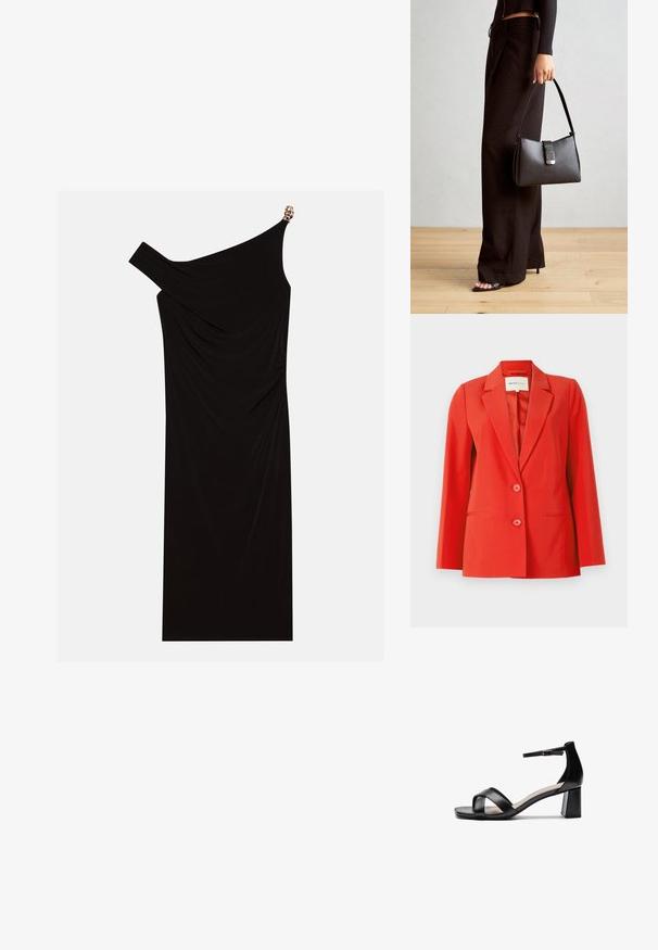 Raudona švarkas su pritaikyta forma, sprogstantis apykakle, dvi priekinės kišenės ir dvi mygtukai. Lygus audinys su struktūrine siluetu.; Juoda su viena petnešėle suknelė, pagaminta iš drapiruoto audinio, su aukso akcentu ant peties, lygia tekstūra ir iki kelių ilgio.; Juodos atviros pirštų aukštakulnės šlepetės su kryžminėmis dirželiais, reguliuojamu kulkšnies dirželiu ir masyviu kulnu, pasižyminčios lygaus odos tekstūra.; Juodas rankinė struktūrizuota forma, lygi tekstūra ir metalinis užsegimas. Suporuota su plačiomis juodomis kelnėmis ir atvirais bateliais ant medinių grindų.