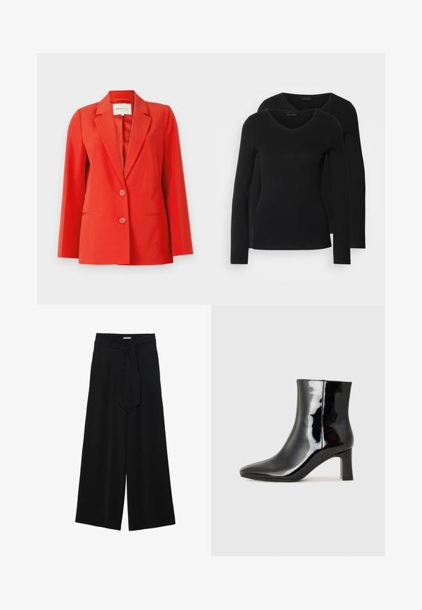 Červený blejzr s přiléhavým střihem, klopovým límcem, dvěma předními kapsami a dvěma knoflíky. Hladká textilie se strukturovanou siluetou.; Dvě černé dlouhé rukávy trička s výstřihem do V, vyrobené z měkkého, elastického materiálu, s hladkou texturou a přiléhavým střihem.; Černé kalhoty s širokými nohavicemi, vyrobené z texturované tkaniny, s elastickým pasem a odnímatelným páskem na úpravu velikosti.; Černé lakované kotníkové boty s špičatou špičkou a středně vysokým blokovým podpatkem. Hladká textura a minimalistický design.