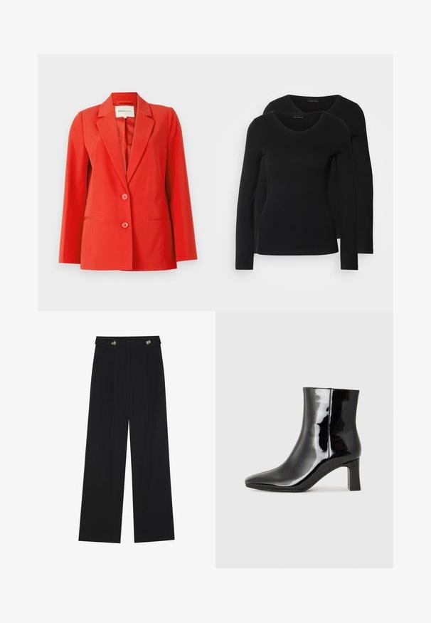 Rode blazer met een op maat gemaakte pasvorm, inslagkraag, twee voorzakken en twee knopen. Gladde stof met een gestructureerde silhouet.; Twee zwarte longsleeve shirts met een V-hals ontwerp, gemaakt van zachte, rekbare stof, die een gladde textuur en een getailleerde vorm laten zien.; Zwarte wijde broek met hoge taille, knoopdetails op de tailleband en plooien aan de voorkant.; Zwarte gepolijste leren enkellaars met een spitse neus en een blokhak van gemiddelde hoogte. Glad textuur en minimalistisch ontwerp.