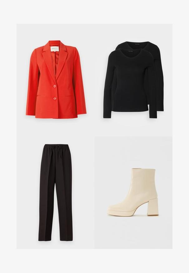Červený blejzer s prispôsobeným strihom, s klopovým límcom, dvoma prednými vreckami a dvoma gombíkmi. Hladká tkanina s pevnou siluetou.; Dvoje čiernych košieľ s dlhým rukávom a výstrihom do V, vyrobených z mäkkej a elastickej látky, s jemnou textúrou a priliehavým strihom.; Čierne široké nohavice s elastickým pásom a nastaviteľnou šnúrkou. Vyrobené z hladkej, ľahkej tkaniny bez viditeľných vzorov.; Béžová kožená členková obuv s blokovým podpätkom a platformou, hladký povrch a mierne štvorcová špička, orientovaná doľava na bielom pozadí.