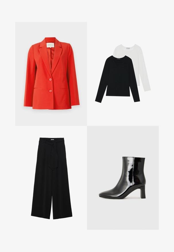 Raudona švarkas su pritaikyta forma, sprogstantis apykakle, dvi priekinės kišenės ir dvi mygtukai. Lygus audinys su struktūrine siluetu.; Du suknelės su ilgomis rankovėmis, viena juoda ir viena balta, abi su kvadratiniu iškirpimu ir pagamintos iš minkštos, elastingos medžiagos.; Juoda plačių kojų kelnės, pagamintos iš tekstūruoto audinio, su elastingu juosmeniu ir atsegamu diržu juosmenyje, leidžiančiu reguliuoti dydį.; Juodos lakuotos odinės aulinukės su smailiu pirštu ir vidutinio aukščio blokuotu kulnu. Lygus paviršius ir minimalistinis dizainas.