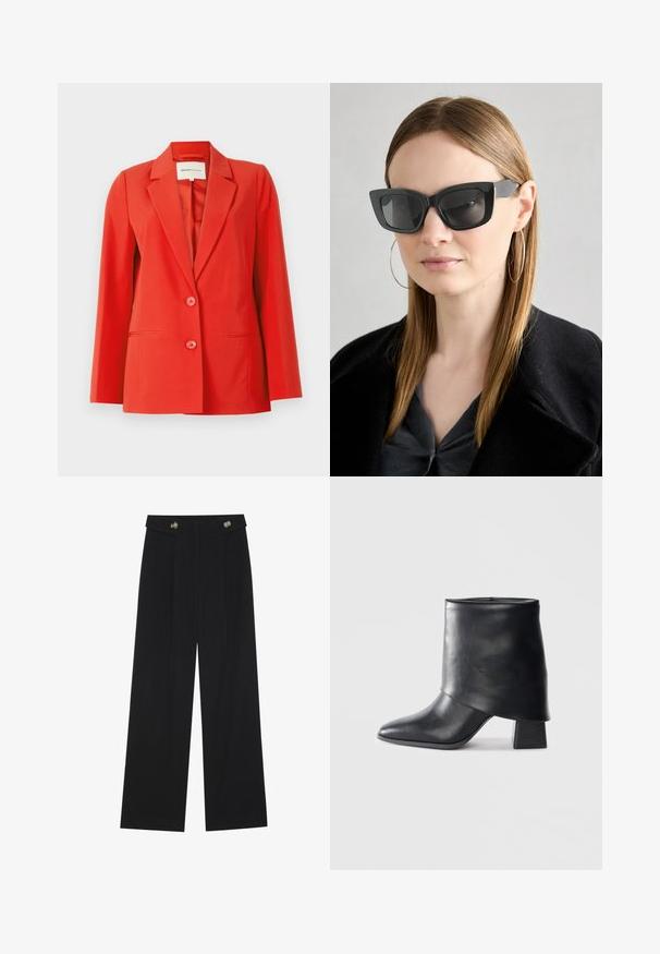 Red blazer with a tailored fit, notched collar, two front pockets, and two buttons. Smooth fabric with a structured silhouette.; Black long-sleeve top featuring flared cuffs, soft texture, and a relaxed fit, with a simple round neckline.; Black wide-leg trousers with high waist, button details on waistband, and front pleats.; Black leather ankle boot with a pointed toe, smooth texture, and a structured block heel. Features a high, folded cuff design.; Black cat-eye sunglasses with dark lenses, thick frames, and subtle accents. Worn with a black coat and gray top, featuring long straight hair.