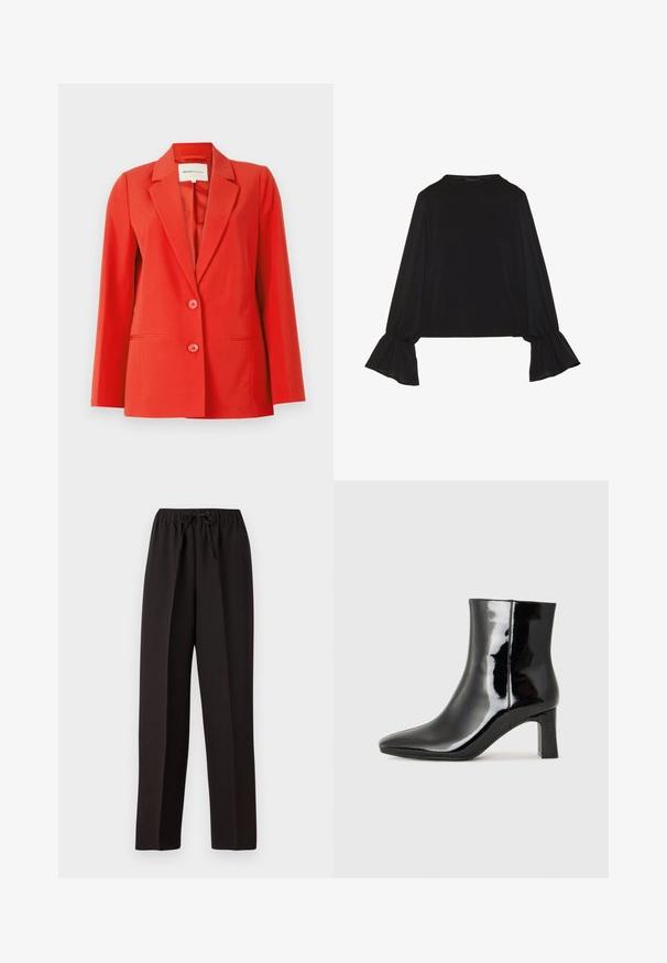 Punane bleiser, millel on kohandatud lõige, nõelaga kaelus, kaks esist pocketit ja kaks nuppu. Sujuv kangas koos struktureeritud siluetiga.; Mustsärgid musta tooniga, pika varrukaga, flöödid käised, pehme tekstuur ja vabalt langev lõige, lihtsa ümaraga kaelusega.; Mustad mustad püksid, laiad ja elastse vöökoha ning reguleeritava tõmbluku abil. Valmistatud sujuvast, kergekaalulisest kangast ilma nähtavate mustriteta.; Must-sinine nahkjalats musta läikiva viimistlusega, millel on terav nina ja keskmise kõrgusega plokk konts. Sile tekstuur ja minimalistik disain.
