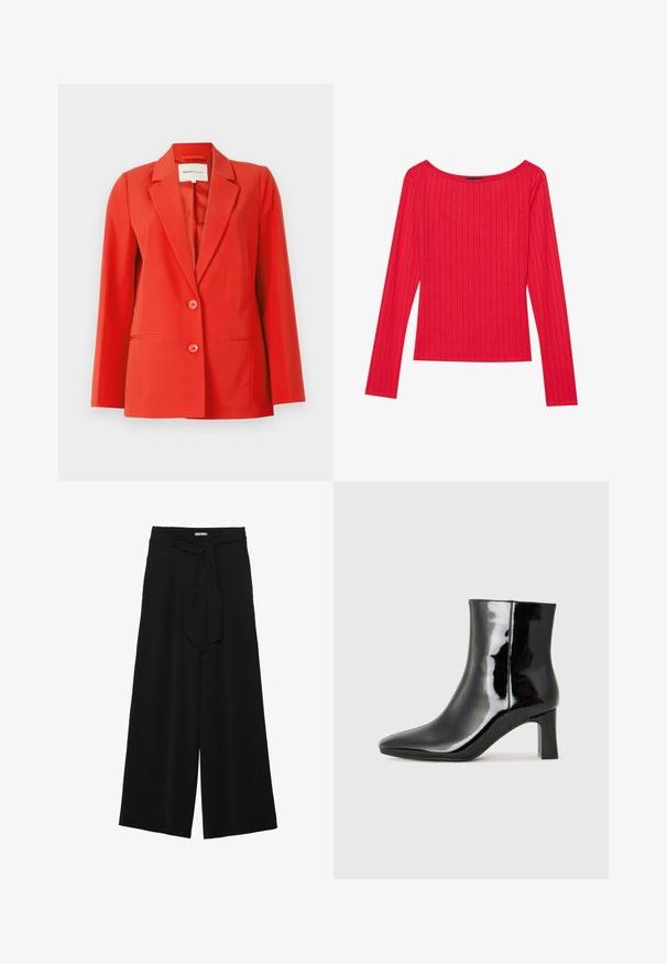 Punane bleiser, millel on kohandatud lõige, nõelaga kaelus, kaks esist pocketit ja kaks nuppu. Sujuv kangas koos struktureeritud siluetiga.; Punane pikakäistega topp ribatud kangast, millel on lai kaelus ja keha lähedane siluett. Sile tekstuur, vertikaalsed triibud.; Mustad laiad püksid, millel on tekstureeritud kangas, elastne vöökoht ja eemaldatav pael vööst, et reguleerida sobivust.; Must-sinine nahkjalats musta läikiva viimistlusega, millel on terav nina ja keskmise kõrgusega plokk konts. Sile tekstuur ja minimalistik disain.