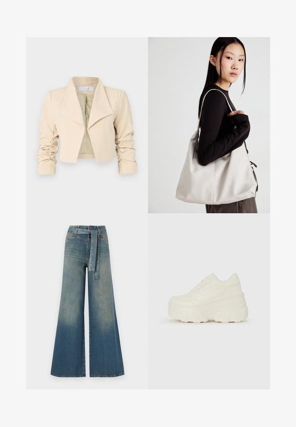 Bežs apgrieztais žakets ar pārspīlētu apkakli, plecu izšuvumiem un gludu tekstūru. Iekšējā oderējums ir kontrastējoši gaiši zaļš.; Balts bez piedurknēm tops ar apaļu kakla izgriezumu. Izgatavots no gludas auduma, tam ir brīvs piegriezums un minimālistisks dizains. Nav nekādas rakstainības vai akcentu.; Platām kājām džinsu bikses ar gaismas līdz tumši zilam gradientam, augstu jostas līniju, jostas cilpām un atbilstošu auduma jostu. Tekstūrēts džinsas apdare.; Baltie platformas sporta apavi, kas izgatavoti no gludas mākslīgās ādas, ar noapaļotu formu, mīkstu apkakli un teksturētu gumijas zoli ar izteiktiem rakstiem.; Bežs rokassoma, izgatavota no mīksta materiāla, ar brīvu dizainu, izšūtu apdari un divām plecu siksnām. Piemērota ikdienas lietošanai.