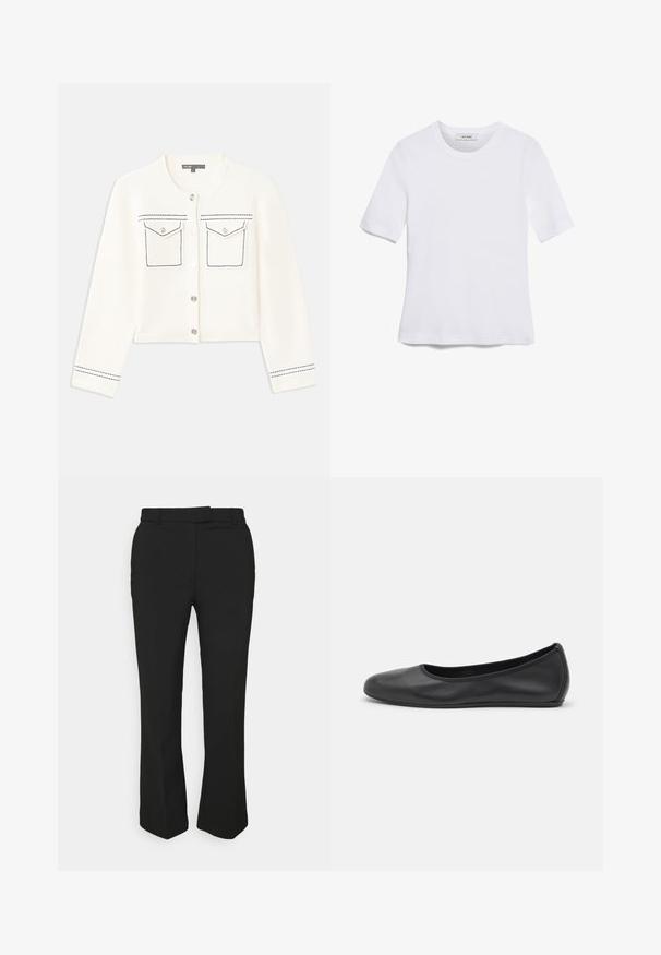 Geknipte witte cardigan met lange mouwen, zilveren knoopsluiting, twee borstzakken en blauwe stiksels langs de zakken en manchetten.; Witte korte mouwen t-shirt van ribstof. Ronde halslijn, normale pasvorm en subtiele stiksels. Geen patronen of grafische elementen.; Zwarte op maat gemaakte broeken met een recht gesneden ontwerp, voorzien van riemlussen en zijzakken. Gemaakt van een gladde stof met een nette afwerking.; Zwarte leren ballerina met een ronde neus, gladde textuur, minimale stikdetails en een flexibele zoolontwerp.