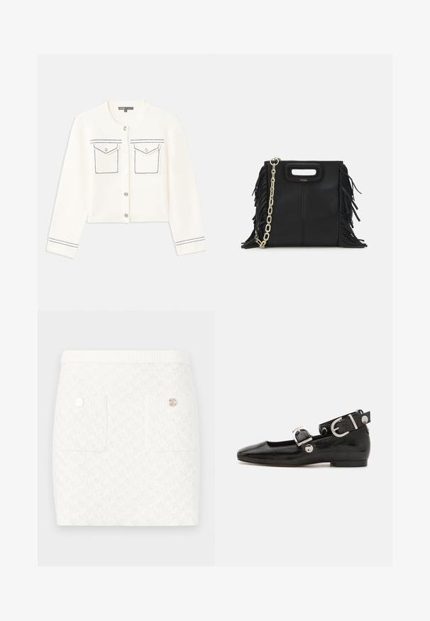 Cardigan alb scurt cu mâneci lungi, închidere cu nasturi argintii, două buzunare pe piept și accente de cusătură albastră pe buzunare și mansete.; Maje MIPERLA - Top - blanc; Fustă albă scurtă cu un model texturat, având două buzunare frontale și butoane decorative de culoare aurie. Talie elastică pentru confort.; Pantofii plano din piele patent neagră, cu vârful pătrat, curea de gleznă cu accesorii din argint și talpă plată. Textură netedă cu un design minimalist.; Geantă de mână din piele neagră cu detalii din franjuri, curea de umăr din lanț auriu și un mâner cu tăietură. Prezintă plasarea logo-ului pe față.