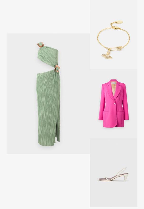 CHIARA FERRAGNI - Żakiet; Zielona maxi sukienka plisowana z asymetrycznym krojem, z dwoma wiązanymi akcentami na ramieniu i rozcięciem po boku dla swobody ruchów.; Białe sandały na koturnie z cienkimi paskami i gładką skórzaną fakturą; zawierają małą dekoracyjną klamrę.; Bransoletka w złotym kolorze o wzorze łańcuszka, zdobiona zawieszką w kształcie agrafki oraz błyszczącą kokardką. Zawiera zapięcie i metkę z logo.; Bransoletka w złotym kolorze o wzorze łańcuszka, zdobiona zawieszką w kształcie agrafki oraz błyszczącą kokardką. Zawiera zapięcie i metkę z logo.