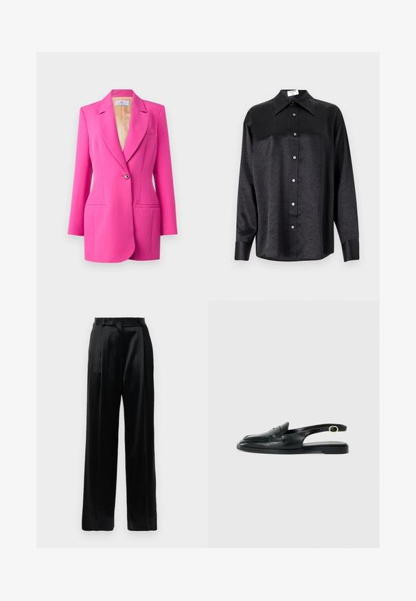 CHIARA FERRAGNI GIACCHE - Blazer - raspberry rose; Black long-sleeve shirt with a collared neckline, featuring a crinkled texture, full button front, and cuffs. Made from a smooth fabric.; Black high-waist satin trousers with straight wide legs, belt loops, and a flat front closure against a plain white background.; Black leather slingback shoe with a rounded toe, flat sole, side cutout, and strap featuring a gold-tone hardware detail.