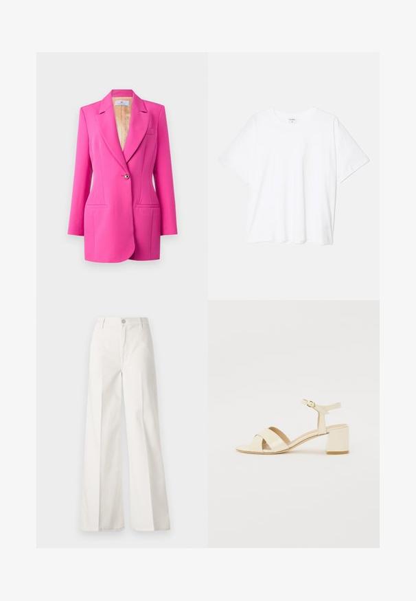 CHIARA FERRAGNI GIACCHE - Blazer - raspberry rose; White cotton t-shirt with short sleeves, round neckline, relaxed fit, and stitched hem. Label visible on the inside neck.; White wide-leg trousers made from cotton with a smooth texture. Features a front button, zipper fly, and four-pocket design.; Beige patent leather heeled sandals with cross strap design, open toe, adjustable ankle strap, and a block heel. Smooth texture.