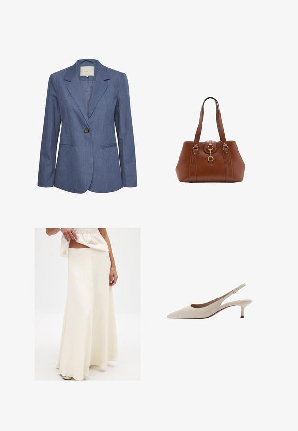 Blauwe denim blazer met gekartelde revers, een enkele knoopsluiting en twee zijzakken. Glad textuur en op maat gemaakte pasvorm.; Trui in mosterdgeel, gemaakt van zachte stof. Voorzien van een geribbelde ronde halslijn en lange mouwen met een reguliere pasvorm en een rechte zoom.; Crème, lange maxi rok met een getextureerde afwerking. Beschikt over een getailleerde taille en een vloeiende silhouet, gecombineerd met een losse, levendige top.; Beige slingback hakken met een puntige neus en een lage, uitlopende hak. Gemaakt van glad leer met een minimalistisch ontwerp en een verstelbare band.; Bruine leren handtas met dubbele banden, een afgeronde vorm, gouden hardware en een centrale sluiting. Gladde textuur met gestikte accenten.