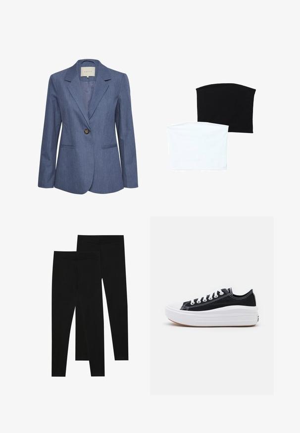 Modro-džínsový blejzer s výstrihom do špicatého tvaru, jednoelným zapínaním a dvoma prednými vreckami. Hladká textura a priliehavý strih.; Dva bezšvové šály: jeden čierny a jeden biely. Obe sú vyrobené z mäkkej, elastickej látky a majú hladkú textúru bez vzorov.; Čierne legíny vyrobené z elastického materiálu, s bezšvovým pásom a elegantným strihom, vhodné na bežné nosenie alebo cvičenie.; Čierne plátenné tenisky s bielymi šnúrkami, bielym gumovým špičkovým krytom a robustnou bielou medzipodrážkou. Obsahujú jemné biele švy a gumenú podrážku.