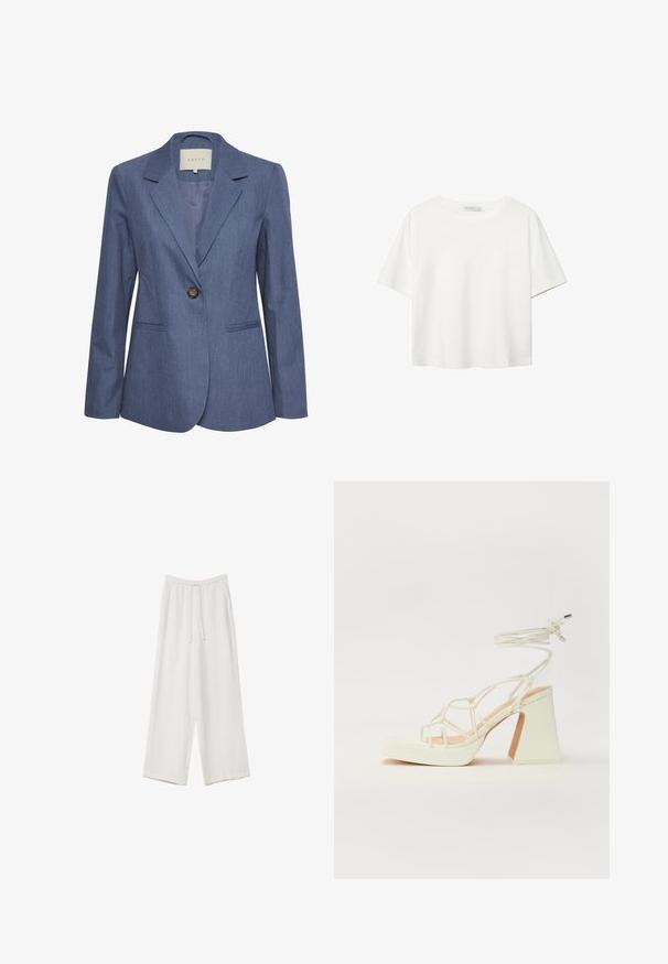 Modra kavbojka z žepnimi klapnicami, enojnim gumbom in dvema sprednjima žepoma. Gladka tekstura in prilagojen kroj.; Bela kratka majica s kratkimi rokavi iz bombaža. Ima okroglo izrezovanje in sproščen kroj. Gladka tekstura brez vidnih vzorcev ali poudarkov.; Bele široke hlače iz lahkega materiala. Imajo elastičen pas s vrvico in stranske žepe. Gladka tekstura.; Bela sandala na visokih petah s debelim petam, ki ima obliko trakcev in vezanje okoli gležnja. Gladka tekstura z platformo spredaj za dodatno višino.