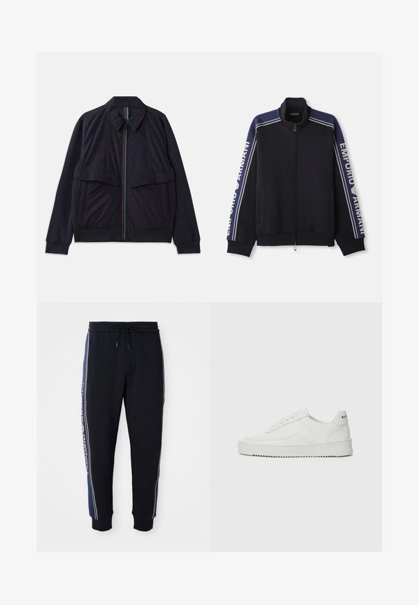 Giacca blu marina con zip frontale e patta a strisce multicolori, due grandi tasche anteriori e orlo a coste. Finitura in tessuto testurizzato.; Giacca da track zip-up blu navy con doppie strisce beige chiaro sulle spalle e sulle maniche, testo "Emporio Armani" lungo entrambe le maniche.; T-shirt bianco in cotone con scollatura rotonda e maniche corte, con il logo oro EA7 Emporio Armani stampato sul fronte.; Pantaloni jogger neri con strisce laterali blu, vita elastica con cordoncino, tasche laterali e polsini a coste.; Sneaker in pelle bianca con una finitura liscia, punta rotonda, lacci piatti e suola testurizzata. Presenta un logo discreto sul tallone.