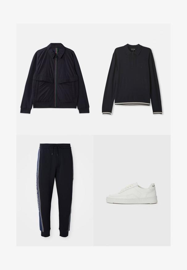 Jūrinė striukė su užtrauktuku priekyje, daugiakryptės juostos apdaila, dvi didelės priekinių kišenės ir ribotu apačia. Tekstūruotas audinys.; Tamsiai mėlynas polo megztinis su ilgomis rankovėmis, pusiau užtrauktuku, briaunotais rankovėmis, dryžuota apačia ir mažai siuvinėta logotipu krūtinėje.; Juodi džinsiniai kelnių su mėlynomis šoninėmis juostomis, elastinga juosmens juosta su raišteliu, šoninės kišenės ir ripsuoti kulkšnies rankovės.; Balti odiniai sportiniai bateliai su lygia apdaila, apvaliu pirštu, plokščiais raišteliais ir tekstūruotu padu. Pasižymi subtiliu logotipu ant kulno.