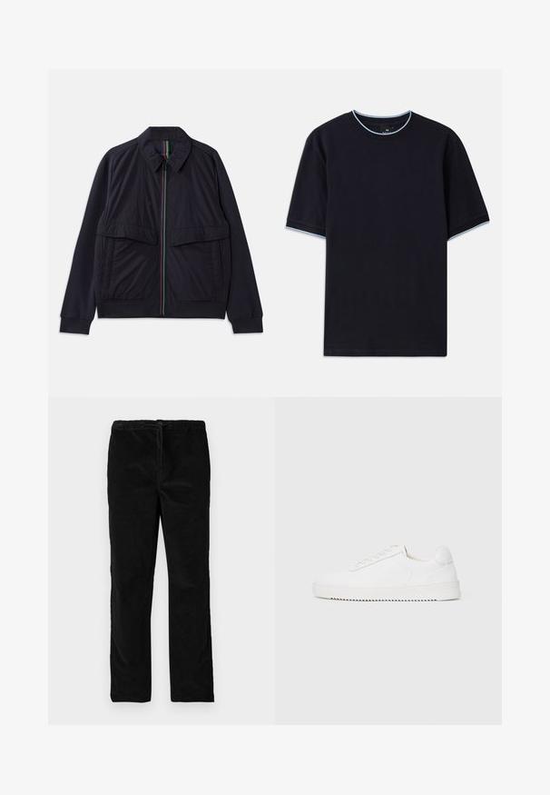 Casaco de marinha com fecho de correr na frente, pala riscada multicolorida, dois grandes bolsos frontais e bainha canelada. Acabamento em tecido texturizado.; Camiseta de manga curta azul-escura com decote redondo, apresentando um detalhe azul-claro na gola e nas mangas. Feita de um tecido de algodão macio.; Calças de veludo pretas de pernas retas com cintura elástica e cordão frontal, exibidas contra um fundo branco liso.; Sapatilha branca com um cabedal de couro suave, bico arredondado, atacadores, detalhes texturizados nas laterais e uma sola de borracha grossa. Design minimalista.