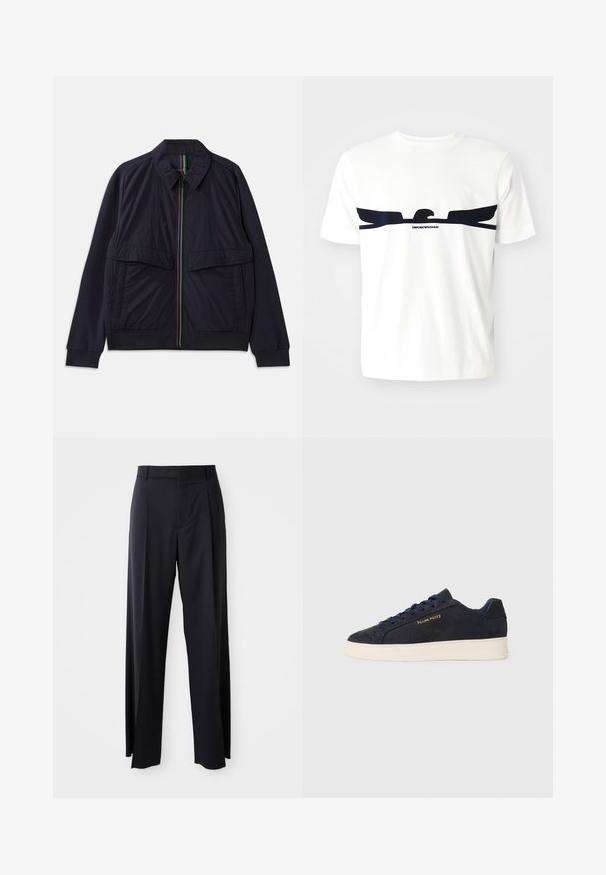 Mornarska jakna s patentnim zatvaračem sprijeda, s višebojnom prugastom opatkom, dva velika prednja džepa i rebrastim donjim rubom. Tekstura tkanine.; Bijela pamučna majica s grafikom orla u tamnoplavoj boji i natpisom "EMPORIO ARMANI" ispod dizajna. Kratki rukavi i okrugli izrez.; Crne, hlače visokog struka s širokim nogavicama, izrađene od glatkog materijala. Sadrže prednje nabore i petlje za remen. Minimalistički dizajn, bez vidljivih metalnih dijelova.; Navy plave sačmene niske tenisice s bijelim potplatom, mornarskim vezicama i "Filling Pieces" logotipom u zlatnoj boji sa strane.