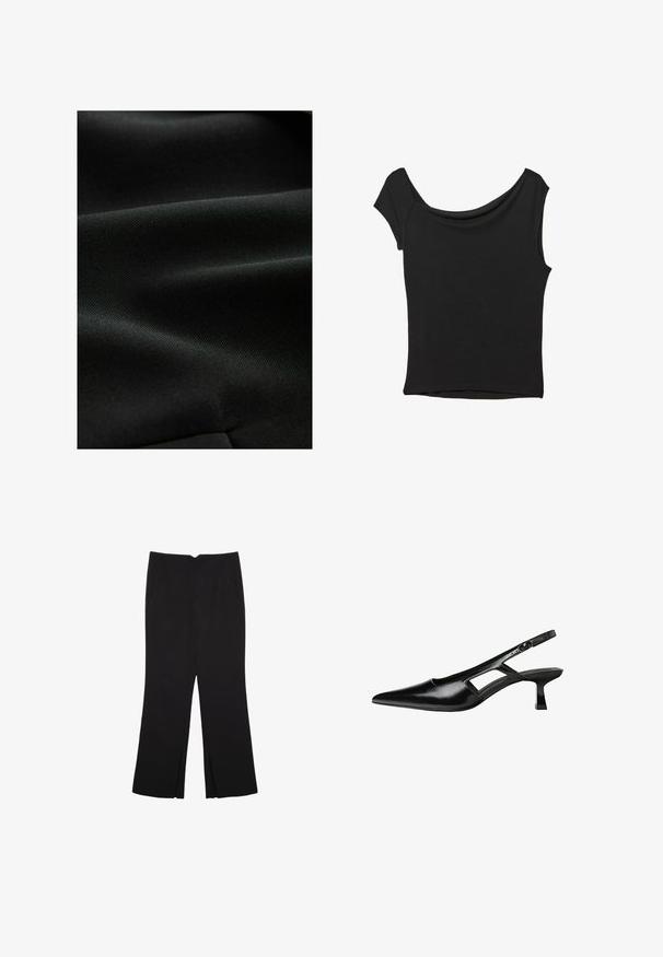 Tessuto nero con una superficie liscia e texture, che presenta pieghe sottili e un aspetto uniforme, ideale per diverse applicazioni di abbigliamento.; Top nero a maniche corte realizzato in tessuto liscio; presenta un colletto drappeggiato e un orlo asimmetrico, con una vestibilità aderente.; Pantaloni neri a gamba dritta, con tasche frontali e spacchi laterali all'orlo. Realizzati in tessuto morbido e liscio. Adatti a diverse occasioni.; Tacchi slingback in pelle verniciata nera con punta affusolata, design con tagli laterali e tacco quadrato piccolo. Texture liscia con dettagli minimi.