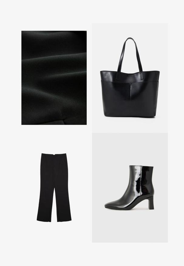 Sort stof med en glat, struktureret overflade, der viser subtile folder og et ensartet udseende, ideel til forskellige beklædningsapplikationer.; Sort ærmeløs top i glat stof, med rund halsudskæring og en tætsiddende pasform uden synlige mønstre eller udsmykninger.; Sorte bukser med lige pasform, der har frontlommer og slidser i kanten. Lavet af blødt, glat stof. Velegnet til forskellige anledninger.; Sort lakeret ankelstøvle med spids tå og en midt-højde blokhæl. Glat tekstur og minimalistisk design.; Sort læder tote taske med to lange håndtag, en glat tekstur og en struktureret form. Har en forlommem for ekstra opbevaring.