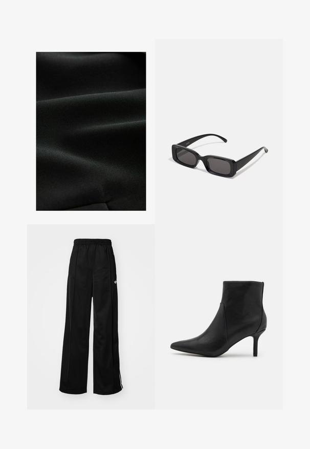 Tessuto nero con una superficie liscia e texture, che presenta pieghe sottili e un aspetto uniforme, ideale per diverse applicazioni di abbigliamento.; T-shirt bianca a maniche corte in cotone, con scollatura rotonda e vestibilità relaxed. Tessuto morbido e senza motivi o decorazioni visibili.; Pantaloni da tuta neri a gamba larga con vita elasticizzata, caratterizzati da strisce laterali bianche e un piccolo logo sull'anca sinistra. Tessuto liscio.; Anna Field Tronchetti - black; Occhiali da sole neri rettangolari con lenti scure, finitura lucida, aste larghe e design della montatura spessa. Nome del marchio inciso su un'asta.