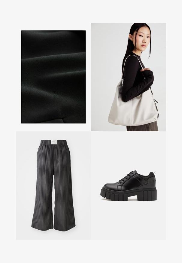 Must mustrakk, millel on sile tekstuur, näidates peeneid kortse ja ühtlast väljanägemist, ideaalne erinevate rõivaste rakenduste jaoks.; Must muströöpidega must puuvillane T-särk, vasakul rinnal on väike roosa liblikas. Ümar kaelus ja vabalt istuv lõige.; Mustriliste mustad ja hallid laiad püksid elastse vöökohtaga ning taga Nike logo silt. Kerge kangas, lai lõige.; Must musta platvormsussid paksu plokkninal, ümmarguse varbaga ja traditsioonilise nööridega kinnitamisega. Sussid on sileda tekstuuriga ja minimaalsete detailidega.; Bež käekott pehme materjali, millel on lõtv disain, õmblustega detailid ja kaks õlarihma. Sobib igapäevaseks kasutamiseks.