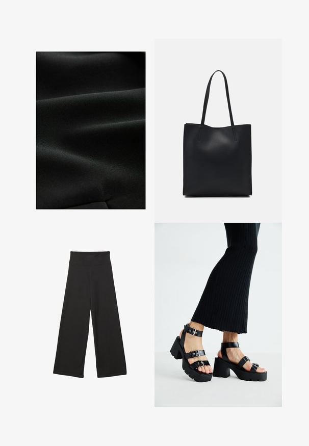 Tissu noir avec une surface lisse et texturée, affichant des plis subtils et une apparence uniforme, idéal pour diverses applications vestimentaires.; T-shirt en coton noir à manches courtes, avec un petit graphique de papillon rose sur la poitrine gauche. Modèle à col rond avec une coupe décontractée.; Pantalons larges noirs avec une taille élastique haute, en tissu doux et avec un ajustement loose, adaptés pour une tenue décontractée ou des environnements relaxants.; Sandales à plateforme noires avec semelles épaisses et crantées, dotées de plusieurs sangles, présentant des boucles en métal et une texture lisse semblable au cuir.; Sac fourre-tout en cuir noir avec une texture lisse, de forme rectangulaire et deux longues poignées. Pas de matériel ou d'ornementations visibles.