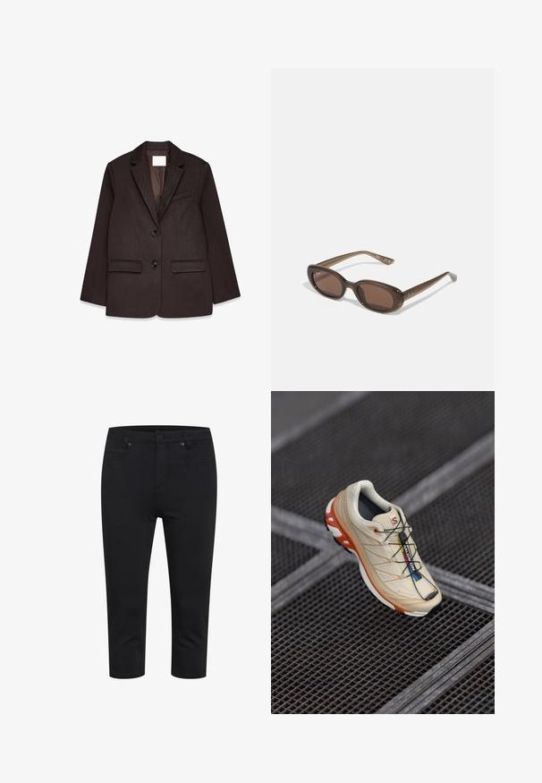 pruun bleiser tekstureeritud viimistlusega, millel on lõikega krae, kaks esistatavat taskut ja üksiknupuga kinnitamine.; Tumepruun pikkade varrukatega polo särk, millel on valge tekstuuriga krae ja kolmeknöppli. Sile ja mugav materjal.; Mustad mustad slim-fit püksid, millel on esipoolne nupp, tõmblukk ning eest ja tagant taskud, esitatud valgel taustal.; Beež jooksujalats oranžide aktsentidega, millel on tekstuuriga ülemine osa, must paun ja integreeritud paelad. Omab GORE-TEX brändimist.; Pruunid ovaalsed päikeseprillid tumedate läätsedega. Raam on valmistatud läbipaistvast pruunist materjalist ja selle templitel on trükitud logo.; Kootud beež kandekott, millel on laisk disain ja üks õlarihm. Omab tekstuurset mustrit kogu pinnal.