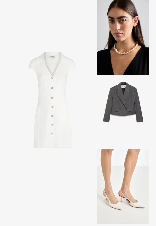 Blazer grigio tagliato con tessuto testurizzato, rever a scollatura, bottoni doppi e due tasche frontali. Etichetta che riporta "IVY OAK."; Abito corto bianco con colletto, caratterizzato da una texture a righe verticali, maniche corte e chiusura frontale con bottoni dorati. Finitura in tessuto liscia.; Tacchi slingback in pelle lucida beige con punta affusolata e tacco di 5 cm, caratterizzati da lati traforati e una sottile fascia alla caviglia.; Collana di perle e cristalli con un design rotondo a perline in tonalità tenui, caratterizzata da perle alternate e accenti scintillanti, indossata attorno al collo.
