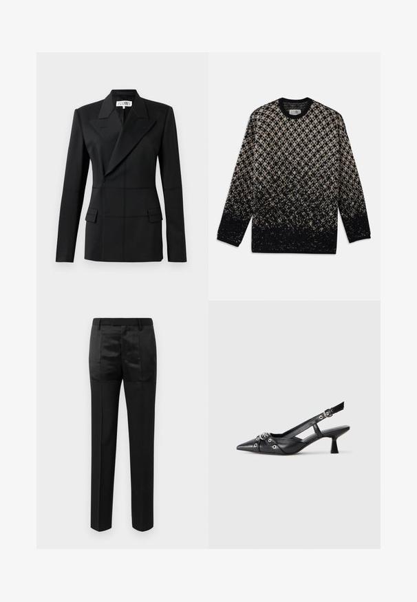 Juodas pritaikytas švarkas, viena ilga rankovė, pjūvio apykaklė, dvigubas užsegimas, dvi priekinės kišenės, struktūrizuota medžiaga su matomais siūlais.; Megztinis su deimanto raštu smėlinės ir juodos spalvos, su laipsnišku spalvų perėjimu. Apvalia iškirpte ir ilgomis rankovėmis. Minkšta tekstūra.; Juodos pritaikytos kelnės su tiesiomis kojomis ir juosmeniu su diržo kilpomis, su matinio ir blizgaus audinio juostelėmis.; Juodas odinis slingback tipo batai su smailiu priekiniu atvartu, dekoratyvinėmis sagtimis su metaliniais akyčiais ir žemu blokiniu kulnu. Saldus paviršius.