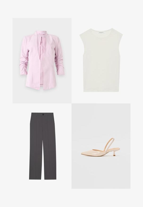 Hele roosa bleiser pikkade varrukatega, kaeluseta disain ja volditud detailid varrukatel. Sile kangas ja sobiv siluett.; Valge ilma varrukateta topp ümmarguse kaelusega. Valmistatud siledast kangast, sellel on mugav lõige ja minimalistlik disain. Ei ole mustreid ega aksessuaare.; Hallid hallid püksid otse jala lõikega, millel on kaks küljetaskut ja nööbisahtel. Sile kangas ilma nähtavate mustrite või aktsentideta.; Beežist lakitud nahast slingback kontsad terava nina ja peene ruudukujulise kontsaga. Sile tekstuur ja minimalistlik disain ilma kaunistusteta.