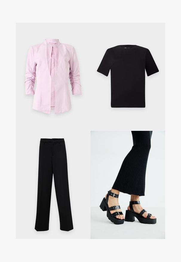 Ανοιχτό ροζ σακάκι με μακριά μανίκια, χωρίς γιακά, και ραμμένα λεπτομέρειες στα μανίκια. Απαλή υφή με εφαρμοστή σιλουέτα.; Μαύρο κοντομάνικο μπλουζάκι με στρογγυλή λαιμόκοψη, κατασκευασμένο από απαλό βαμβακερό ύφασμα. Απλός σχεδιασμός, χωρίς ορατά λογότυπα ή μοτίβα.; Μαύρο παντελόνι φάρδιας γραμμής από μαλακό ύφασμα, με κλασική ζώνη στη μέση που κλείνει με κουμπί και μπροστινές πιέτες.; Μαύρες πλατφόρμες σανδάλια με χοντρές, λαστιχένιες σόλες και πολλές λωρίδες, με μεταλλικές αγκράφες και λεία υφή που μοιάζει με δέρμα.