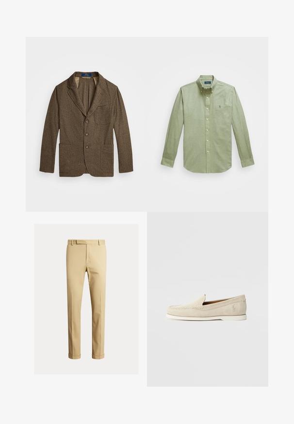 Hnedý tvídový blazer s výstrihom do špicu, dvoma prednými vreckami a zapínaním na tri gombíky. Textúrovaná látka s jemným vzorom. Podšitý interiér.; Svetlozelená košeľa s dlhým rukávom, zapínaná na gombíky, s vyšívaným logom na hrudi a perlovo lesklými gombíkmi.; Khaki chinos vyrobené z hladkej bavlnenej tkaniny, s priliehavým strihom, prednými záhybmi a manžetami pri členkoch pre zúžený vzhľad.; Polo Ralph Lauren MERTON VENETIAN LOAFER - Mokasíny - milkshake