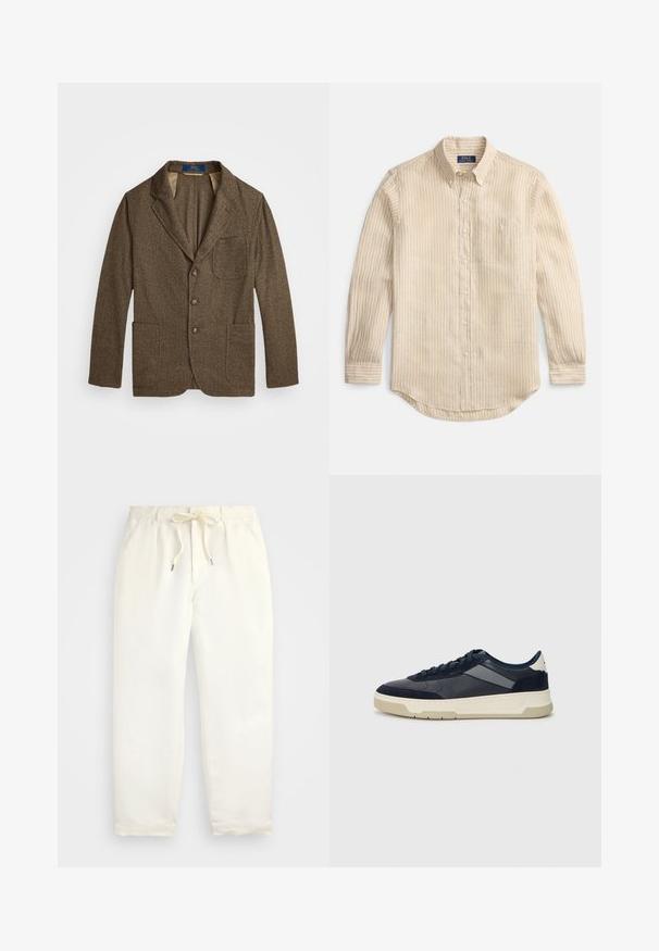 Brązowa marynarka z tweedu z wyprofilowanym kołnierzem, dwiema kieszeniami z przodu i zapięciem na trzy guziki. Teksturowana tkanina z delikatnym wzorem. Podszewka.; Beżowa koszula na długi rękaw z pionowymi białymi paskami, kołnierzykiem zapinanym na guziki, kieszenią na piersi oraz metką "Polo Ralph Lauren" wewnątrz kołnierza.; Jasna kremowa, casualowa para spodni wykonanych z miękkiego materiału. Posiada elastyczny pas ze sznurkiem i zwężający się krój nogawek.; BOSS BALTIMORE niebieski