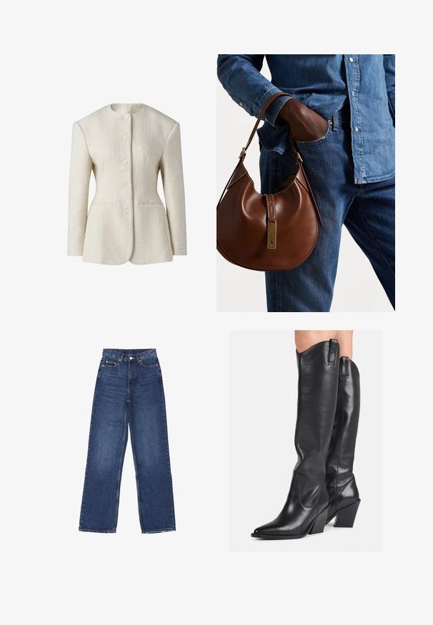 Blazer de color crema en tejido texturizado con un cuello alto, cierre frontal de cinco botones y dos bolsillos laterales. Silueta ajustada.; Polo Ralph Lauren CABLE-KNIT WOOL-CASHMERE CARDIGAN - Chaqueta de punto - authentic cream; Dos tops sin mangas de canalé y cuello alto en marrón y negro, exhibidos sobre un fondo blanco liso.; Jeans de mezclilla azul de pierna ancha con una cintura alta, que presentan un cierre de botón, cinco bolsillos y un leve desgastado en la tela.; Botas de cuero negras hasta la rodilla con puntera puntiaguda, caña curvada y tacón grueso. Presentan una textura suave y tiradores en la parte superior.; Bolso hobo de cuero marrón con forma redondeada, que cuenta con un acento de hardware dorado y costuras en contraste. Combinado con una camisa de mezclilla y vaqueros.