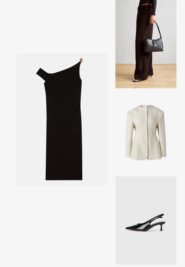 Krém színű, texturált anyagból készült blézer, magas nyakkal, öt gombos elülső záródással és két oldalsó zsebbel. Feszes sziluett.; Fekete, egyvállas ruha, drapált anyagból, arany díszítéssel a vállon, sima textúrájú és térd hosszúságú kialakítással.; Fekete patent bőrből készült slingback magassarkú cipők hegyes orral, vékony sarokkal és állítható csattal. Simább textúrájú, minimális részletezéssel.; Fekete kézi táska strukturált formával, sima textúrával és fémből készült záródással. Széles fekete nadrággal és nyitott orrú szandállal párosítva, fából készült padlón.