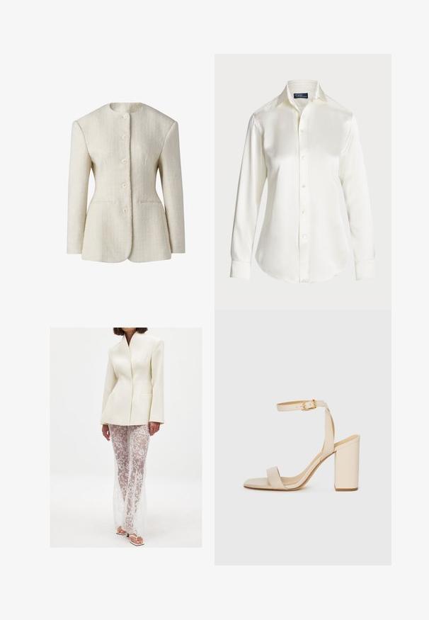 Cremefarvet blazer i struktureret stof med høj hals, femknaps lukning fortil og to sidelommer. Tætsiddende silhuet.; Hvid langærmet skjorte med knapper, lavet af glat stof, med en klassisk krave og subtil glans, rundet kant og knappedetaljer.; Hvid struktureret blazer med skarp krave, parret med lange gennemsigtige blondebukser med blomsterprint og en tætsiddende silhuet.; Beige højhælede sandaler med firkantet tå, tynd ankelrem og blokhæl. Glat lædertekstur med detalje i guldspænde.