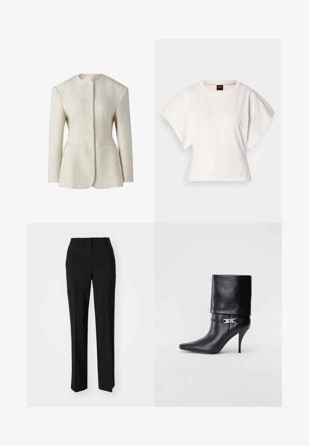 Kremowa marynarka z teksturowanej tkaniny, z wysokim dekoltem, pięcioma guzikami z przodu i dwoma bocznymi kieszeniami. Dopasowany krój.; Biała, krótka koszulka z szerokimi rękawami, wykonana z miękkiej bawełny, okrągły dekolt z delikatnym pomarańczowym wykończeniem, minimalistyczny design, bez wzorów i grafik.; Czarne spodnie o dopasowanym kroju z prostymi nogawkami, o gładkiej fakturze i wyraźnych zagięciach z przodu. Bez widocznych elementów metalowych.; Czarne skórzane botki za kostkę z ostrym noskiem, wysokim obcasem w kształcie stiletto, z załamanym mankietem oraz złotym dekoracyjnym zapięciem na kostce.