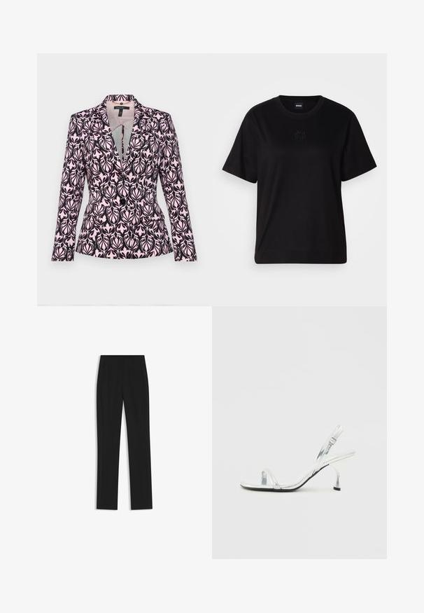 Blazer with a dark purple and pale pink leaf pattern, featuring a notch lapel, two front pockets, and a fitted silhouette.; Black cotton t-shirt with a crew neckline, short sleeves, and an embroidered logo on the chest. Simple, relaxed fit with no patterns.; Black tailored trousers with a straight-leg design, featuring front pockets and a smooth, textured fabric. Neat, minimal detailing.; Silver patent leather slingback high heel sandal with a narrow toe strap, adjustable buckle, and a slender heel.