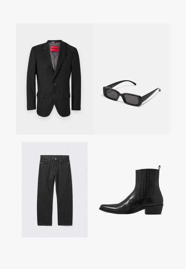 Blazer nero su misura realizzato in tessuto strutturato. Presenta rever a punte, due tasche frontali e chiusura con bottone a un solo petto.; Camicia bianca con bottoni, realizzata in tessuto morbido, con colletto classico, maniche lunghe e orlo curvo. Presenta bottoni beige sul davanti.; Jeans in denim nero con taglio dritto, dotati di chiusura a bottoni, cinque tasche e dettagli in metallo color rame. Texture liscia.; Stivale alla caviglia in pelle nera con punta affusolata, pannelli laterali elasticizzati, accenti di cuciture verticali e tacco a blocco basso.; Occhiali da sole neri rettangolari con lenti scure, finitura lucida, aste larghe e design della montatura spessa. Nome del marchio inciso su un'asta.