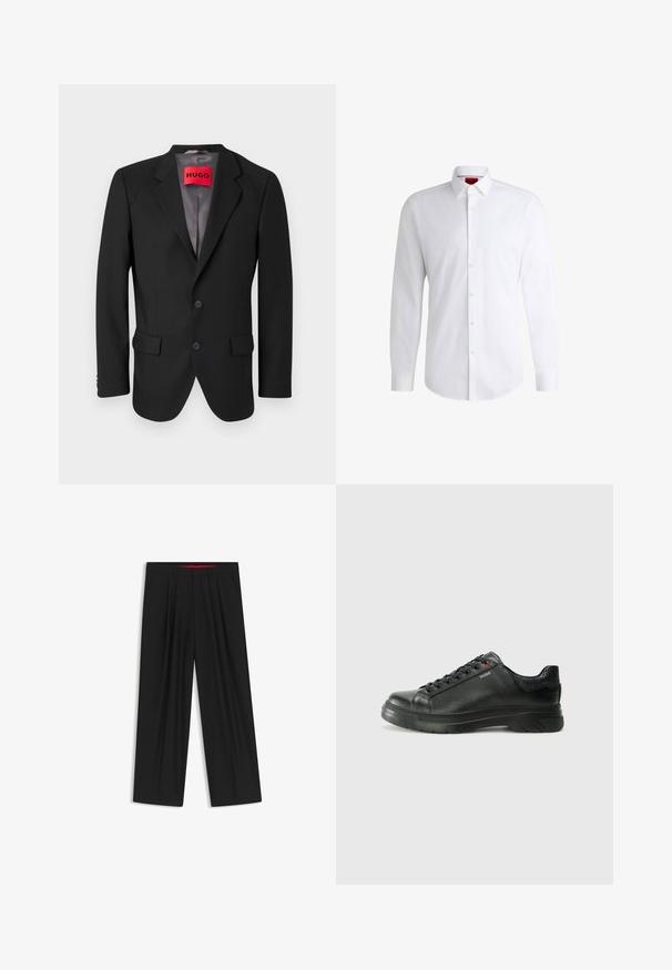 Schwarzer maßgeschneiderter Blazer aus strukturiertem Stoff. Mit Reverskragen, zwei Fronttaschen und einer einreißigen Knopfverschluss.; Weißes Herrenhemd aus glattem Stoff mit klassischem Kragen, langen Ärmeln und abgerundetem Saum. Mit eleganten beigen Knöpfen an der Vorderseite.; Schwarze weit geschnittene Hosen mit flachem Bund, zwei seitlichen Taschen, gefaltetem Design und einem kontrastierenden roten Innenbund.; Schwarze Leder-Sneaker mit strukturiertem Obermaterial, gepolstertem Kragen und rotem Logo-Detail. Verfügt über eine dicke Gummisohle mit markantem Profil.