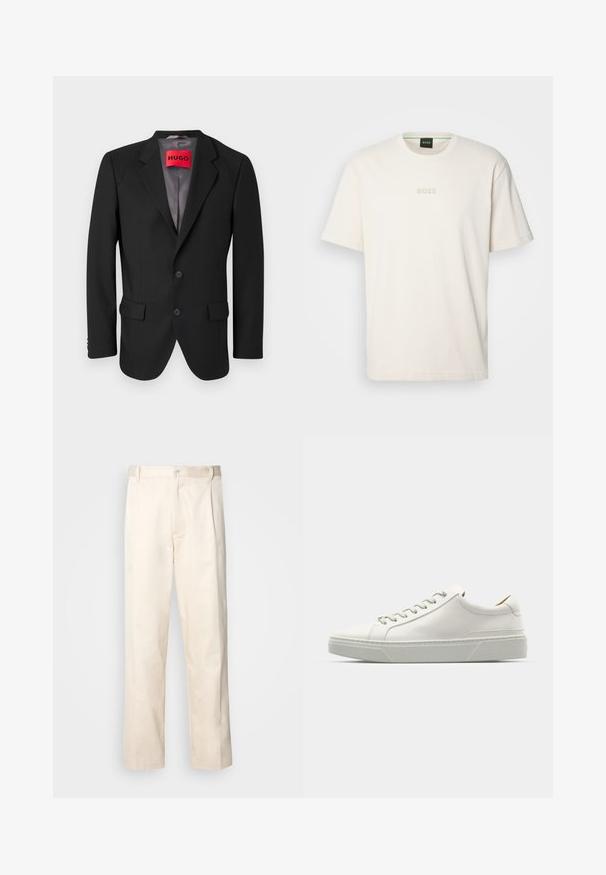 Blazer preto sob medida feito de tecido estruturado. apresenta lapelas com corte em bico, dois bolsos frontais e um fecho de botão de um só lado.; BOSS TEE - T-shirt básica - open white; Calças de algodão bege com corte reto, apresentando um fecho de botão e pregas na frente para um detalhe adicional.; Sapatilhas de couro branco com bico arredondado, design minimalista, atacadores cinzentos e sola de borracha cinza texturizada. Detalhes de costura subtis visíveis.