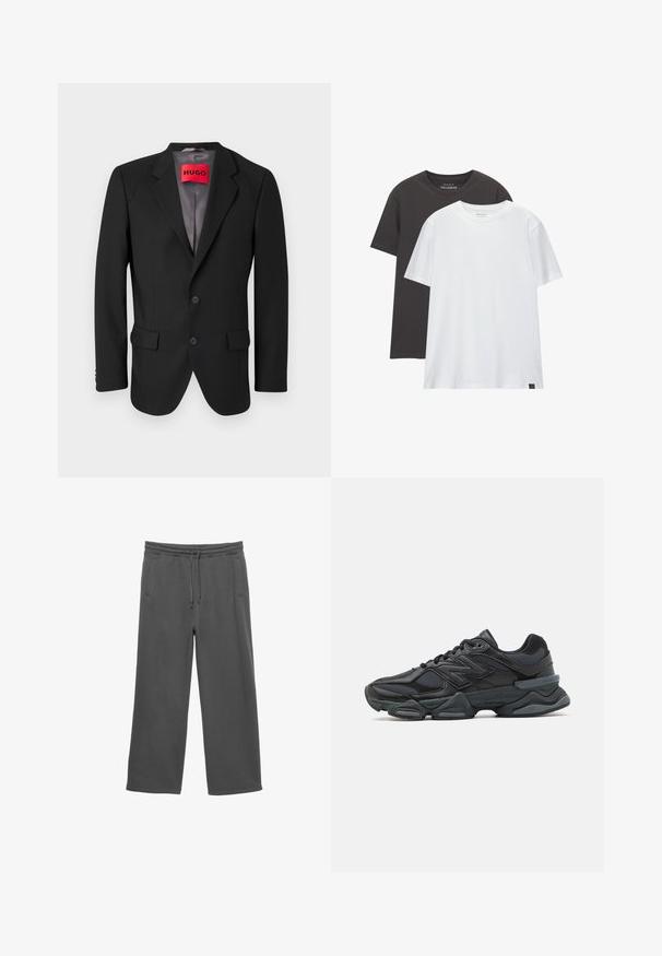 Crni krojeni sako napravljen od čvrste tkanine. Ima rever s konusnim vrhom, dva prednja džepa i zatvaranje na dugme s jednim kopčanjem.; Dva obična T-majica: jedna crna i jedna bijela, izrađene od mekog pamuka. Obje imaju okrugli izrez i kratke rukave bez uzoraka.; Tamno sive široke dukserice s elastičnim pojasom, vezicom i dva bočna džepa, prikazane na bijeloj pozadini.; Crne trkačke tenisice izrađene od kombinacije mrežastih i sintetičkih materijala, s debelim potplatom, zakrivljenim dizajnom i istaknutim brendom sa strane.