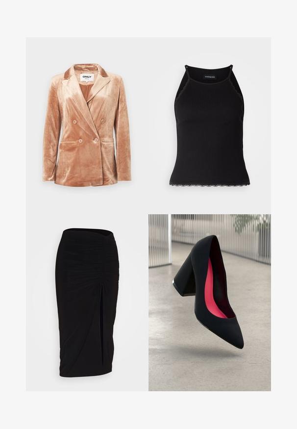 Beige velvet double-breasted blazer with notch lapels, four buttons on front, two side pockets, and smooth lining inside.; Black ribbed tank top with scalloped lace trim at the hem. Features thin straps and a fitted design. Made from stretchable fabric.; Black, ruched pencil skirt with tie detail and a side slit. Made from a stretchy fabric, featuring a smooth texture and form-fitting design.; Black high heel shoe with a pointed toe, textured surface, and a vibrant pink interior. Features a chunky heel with silver accent.