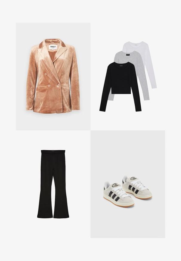 Beige fløjl dobbeltradet blazer med notch lapler, fire knapper foran, to sidelommer og glat foring indeni.; Tre langærmede toppe stablet: sort, grå og hvid. Hver har en rund halsudskæring og et cropped design med glat, let stof.; Sorte flared leggings lavet af strækbart stof. Har en bred talje og en glat tekstur, med en tætsiddende silhuet der bredder sig ved sømmen.; Grå ruskinds sneakers med hvide snørebånd, sorte striber og en hvid gummisål. Har et rundt logo på tungen og en gummisål.