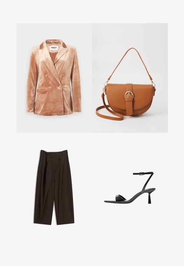 Beżowa aksamitna marynarka dwurzędowa z klapami, czterema guzikami z przodu, dwiema kieszeniami bocznymi i gładką podszewką wewnątrz.; Czarna koszulka bawełniana z okrągłym dekoltem. Krótkie rękawy, luźny krój i prosty dół bez ozdób czy wzorów.; Ciemnobrązowe szerokie spodnie o wysokim stanie, z pojedynczym zapięciem na guzik i plisowanym przodem. Wykonane z lekkiego materiału.; Bershka - Sandały na obcasie; Brązowa skórzana torba na ramię o zaokrąglonym kształcie, ze złotymi akcentami i zapięciem w formie klamry. Posiada odpinany pasek na ramię.