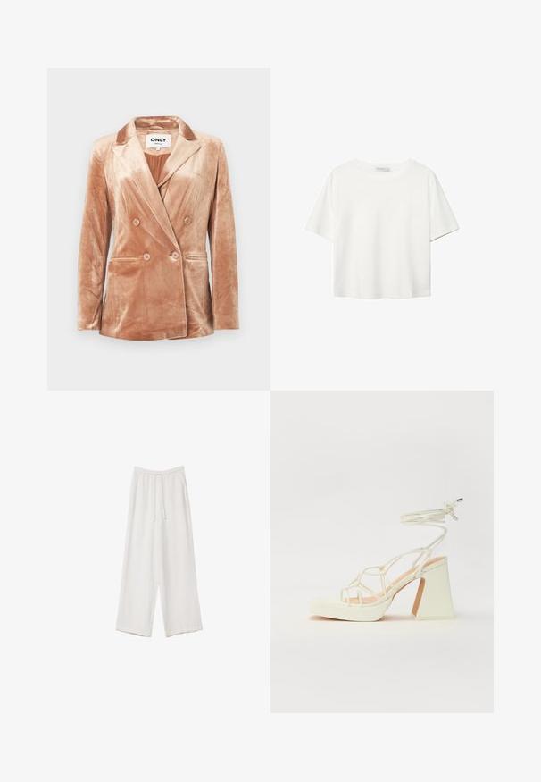 Beige velvet double-breasted blazer with notch lapels, four buttons on front, two side pockets, and smooth lining inside.; White short-sleeve t-shirt made of cotton. Features a crew neckline and a relaxed fit. Smooth texture with no visible patterns or accents.; White wide-leg trousers made from a lightweight fabric. Features an elastic waistband with a drawstring and side pockets. Smooth texture.; White high-heeled sandal with a chunky heel, featuring a strappy design and ankle tie. Smooth texture with a platform front for added height.