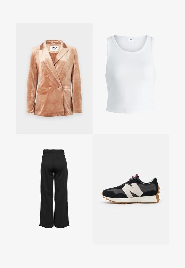 Blazer de terciopelo beige de doble botonadura con solapas muesca, cuatro botones en el frente, dos bolsillos laterales y forro suave por dentro.; Top de tirantes blanco con canalé, con un cuello redondo, diseño sin mangas y largo corto. La etiqueta dice "JJXX". Textura de tela suave.; Pantalones negros de pierna ancha con cintura elástica, fabricados en un tejido suave. Presentan un diseño limpio sin bolsillos ni detalles de costura visibles.; Zapatillas de ante negras y grises con un gran logo "N" en color crema, cordones morados y una suela de goma texturizada en color marrón.